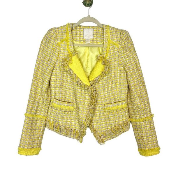 Boucle Tweed Blazer Chanel Style Jacket in Fringed Yellow HTF Super RARE - Picture 9 of 15